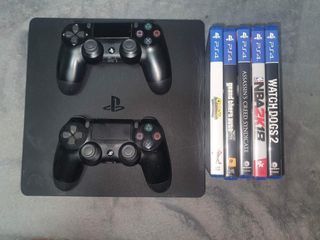 PS4 Slim Black 500GB with 5 Games and 2 Controllers
