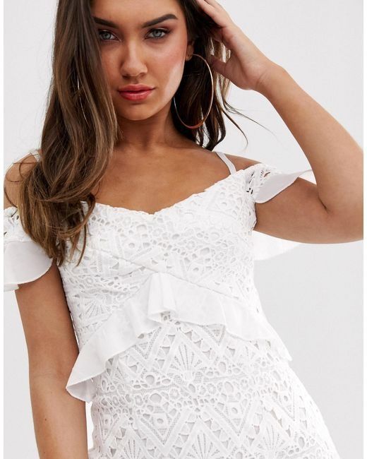 RTP 111 Love Triangle Bardot Lace Dress in White UK8