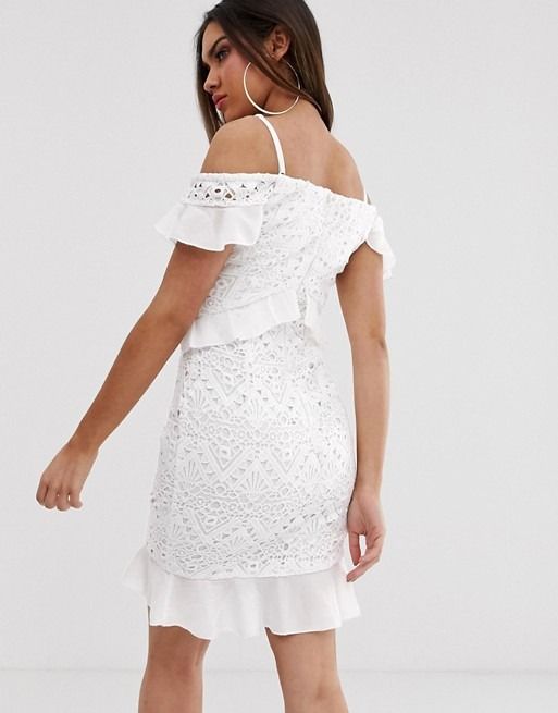 RTP 111 Love Triangle Bardot Lace Dress in White UK8