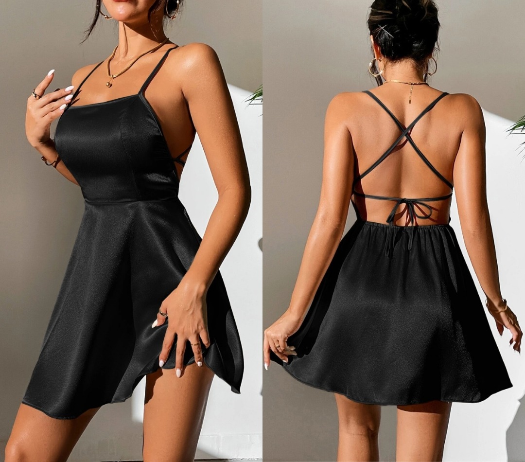 SHEIN PETITE Solid Crisscross Backless Knot Satin Cami Dress