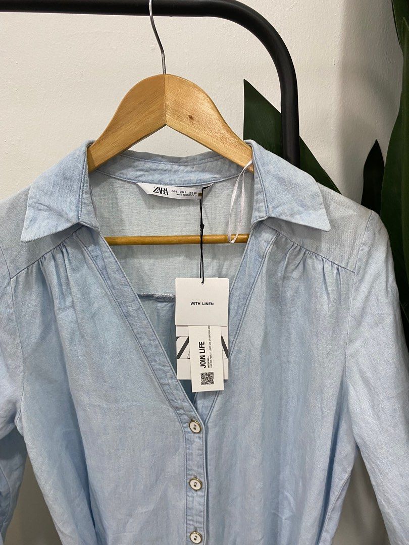 ZARA BELTED LINEN BLEND SHIRT DRESS, Women's Fashion, Dresses & Sets