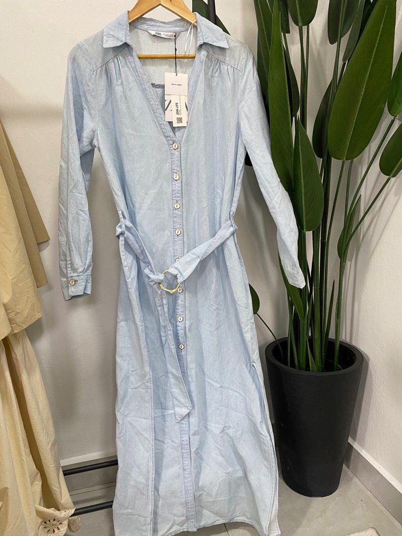 ZARA BELTED LINEN BLEND SHIRT DRESS, Women's Fashion, Dresses & Sets