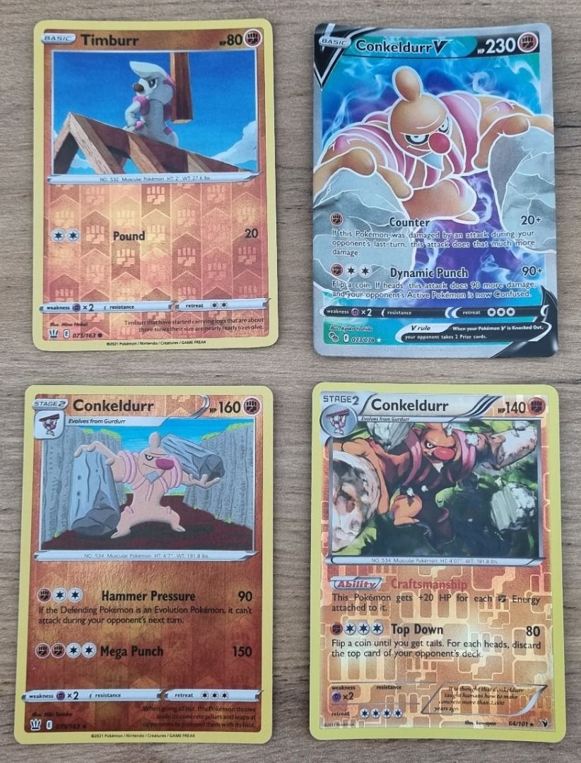 Pokemon Cards  Timburr - 073/163 / Conkeldurr V - 073/078 / Conkeldurr -  075/163 - 64/101 - Reverse Holo / Full Art - Sword & Shield: Battle Styles  / Pokemon Go / Black & White 3: Noble Victories, Hobbies & Toys, Toys &  Games on Carousell