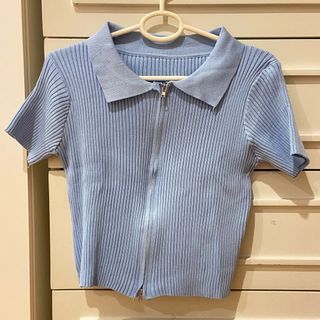 blue korean style top shirt zipper collar stretch