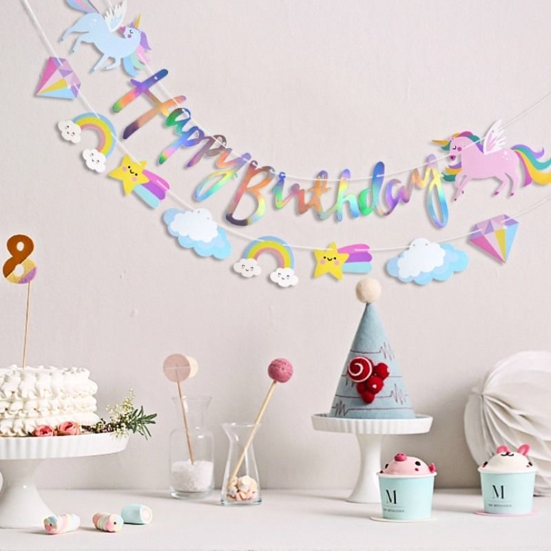Cartoon Unicorn Rainbow Cloud Pull Flag Banner Happy Birthday, Hobbies &  Toys, Stationery & Craft, Occasions & Party Supplies on Carousell