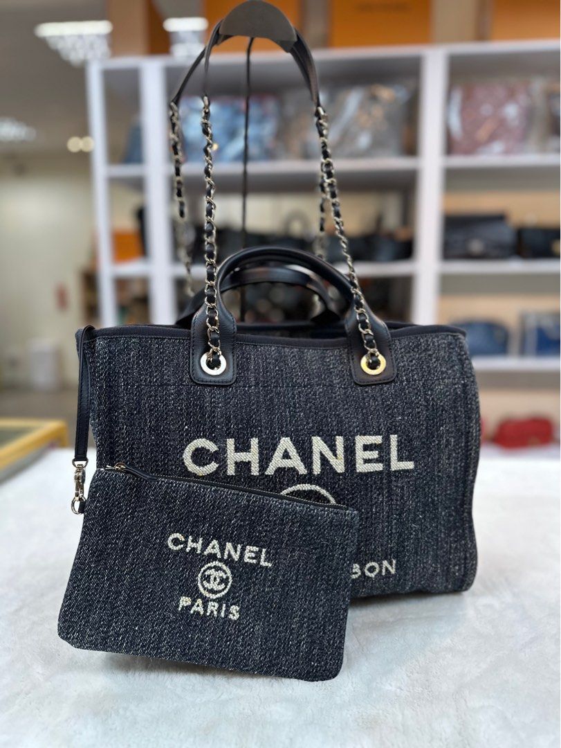 30 Like New Chanel Deauville Tote Large Shopping Bag Dark Denim