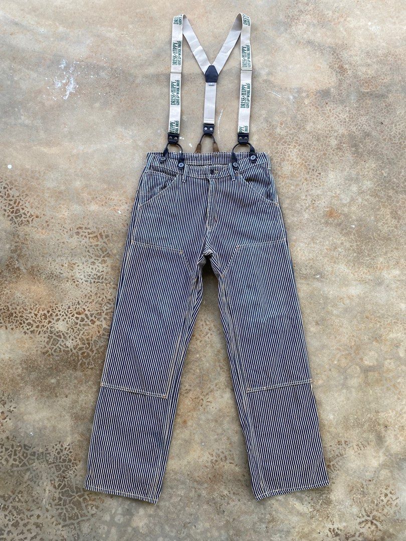 Distressed Vintage Hickory Suspender Button Double Knee Pants