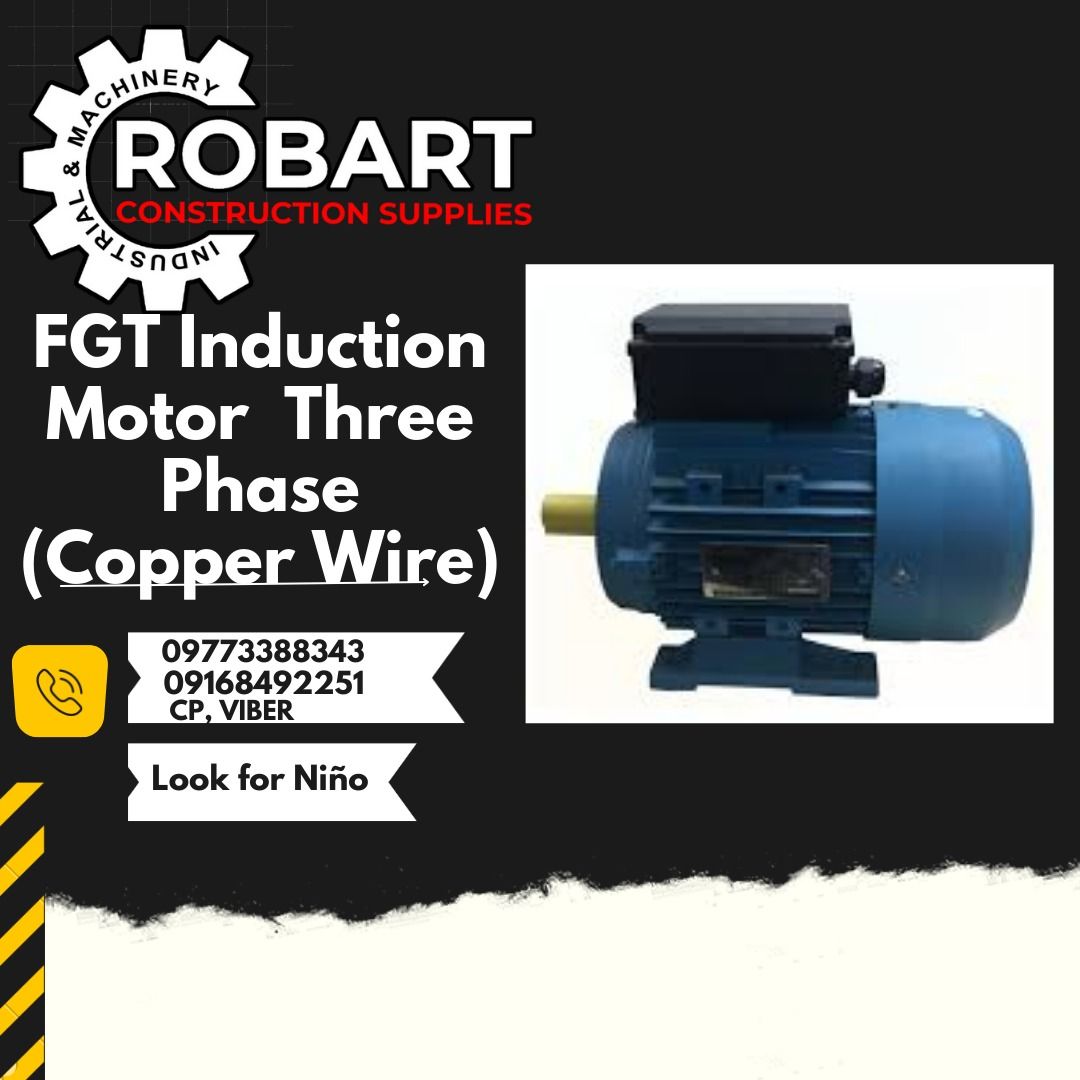 FGT Induction Motor ( Copper Wire ) Single Phase (Category: Construction Tools & Equipment) located in Manila. Submitted by ninoparede24925 (Listing ID 1213622753, Image 1). Description: FGT Induction Motor ( Copper Wire ) Single Phase Aluminum Housing, TEFC, 4Poles, with starting capacitor, Protection class IP54 also available: model: -MC7124 1/4HP 1680RPM 2.49AMP. 5.9KGS -MC8014 1/3HP 1680RPM 3.11AMP. 8.5KGS -MC8024 1/2HP 1680RPM 4.24AMP. 9.7KG