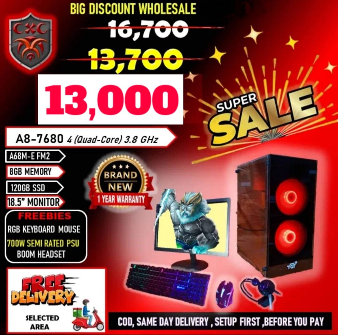 GAMING COMPUTER SET (Category: Desktops) located in Manila. Submitted by electronicsatbphub (Listing ID 1213770792, Image 2). Description: SUPER SALE❗ GAMING COMPUTER SET With complete packages, gagamitin mo nalang❕ ₱12,000 only❗ 🔶A6-6400 Dua-lCore 3.8GHz 🔸A68M-E FM2 🔸8GB MEMORY 🔸120GB SSD 🔸18.5" MONITOR 🆓Inclusion 🔹RGB KEYBOARD MOUSE 🔹700W SEMI RATED PSU 🔹BOOM HEADSET ▫️▫️▫️▫️▫️▫️▫️▫️▫️▫️▫️▫️▫️▫️ ₱13,000 only❗ 🔶A8-7680 4 (Quad-Core) 3.