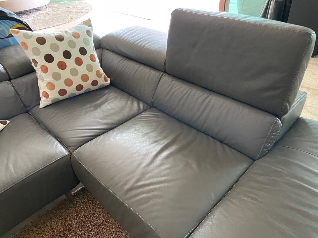 Grey Leather L Shape Sofa with Cushions 2, Furniture & Home Living
