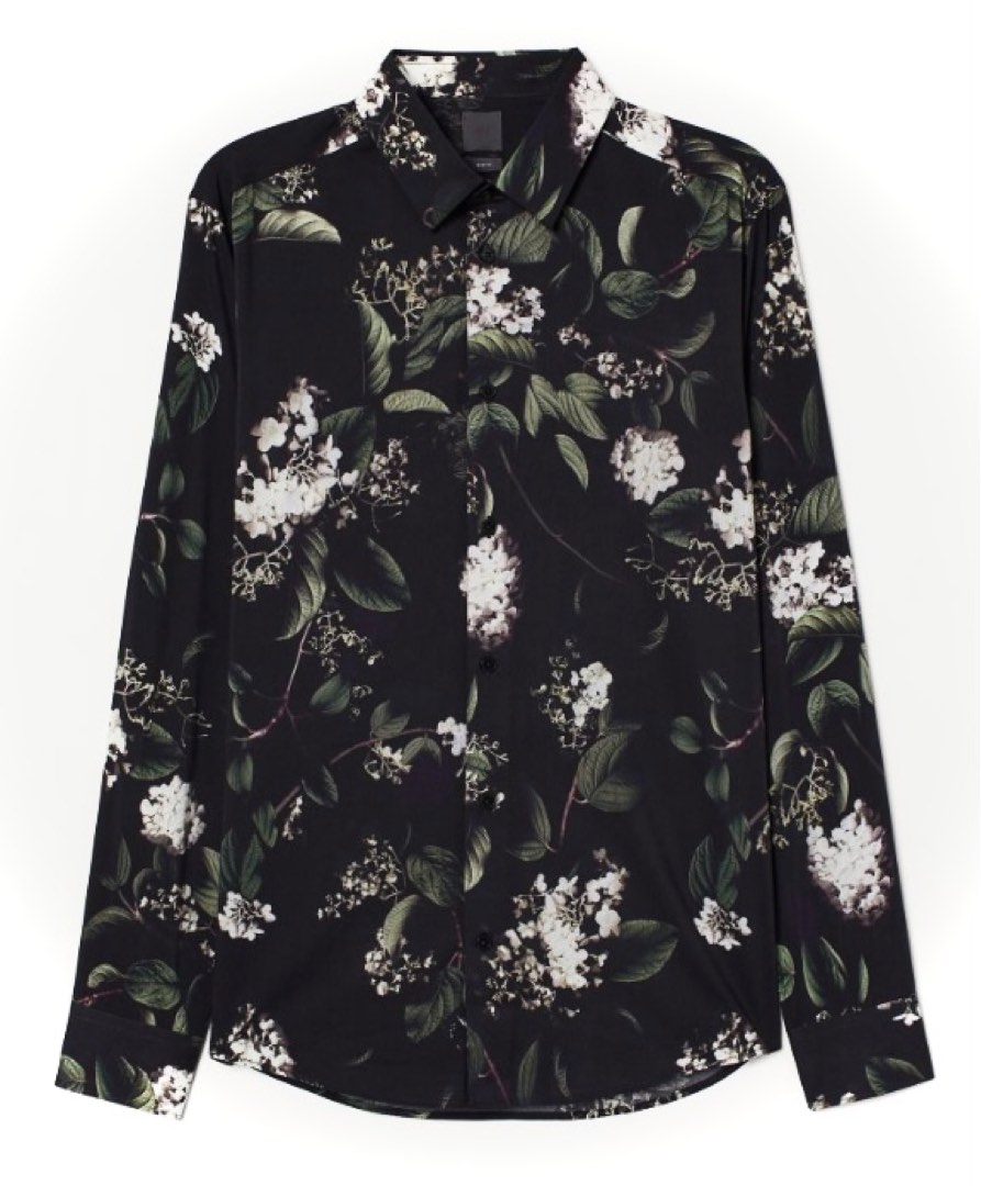 H M black floral printed viscose shirt Men s Fashion Tops Sets