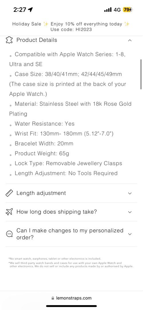 Lemon Straps Apple Watch Timeless Strap in Rose Gold, Women's Fashion