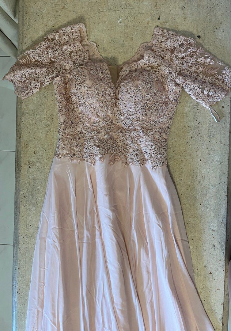 Light peach glitter evening gown, Women's Fashion, Dresses Sets