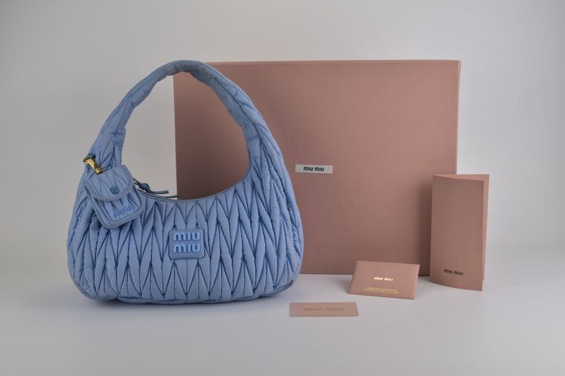 Miu Miu Wander Tessuto Matelass Regenerated Nylon Hobo Bag in Astral Blu