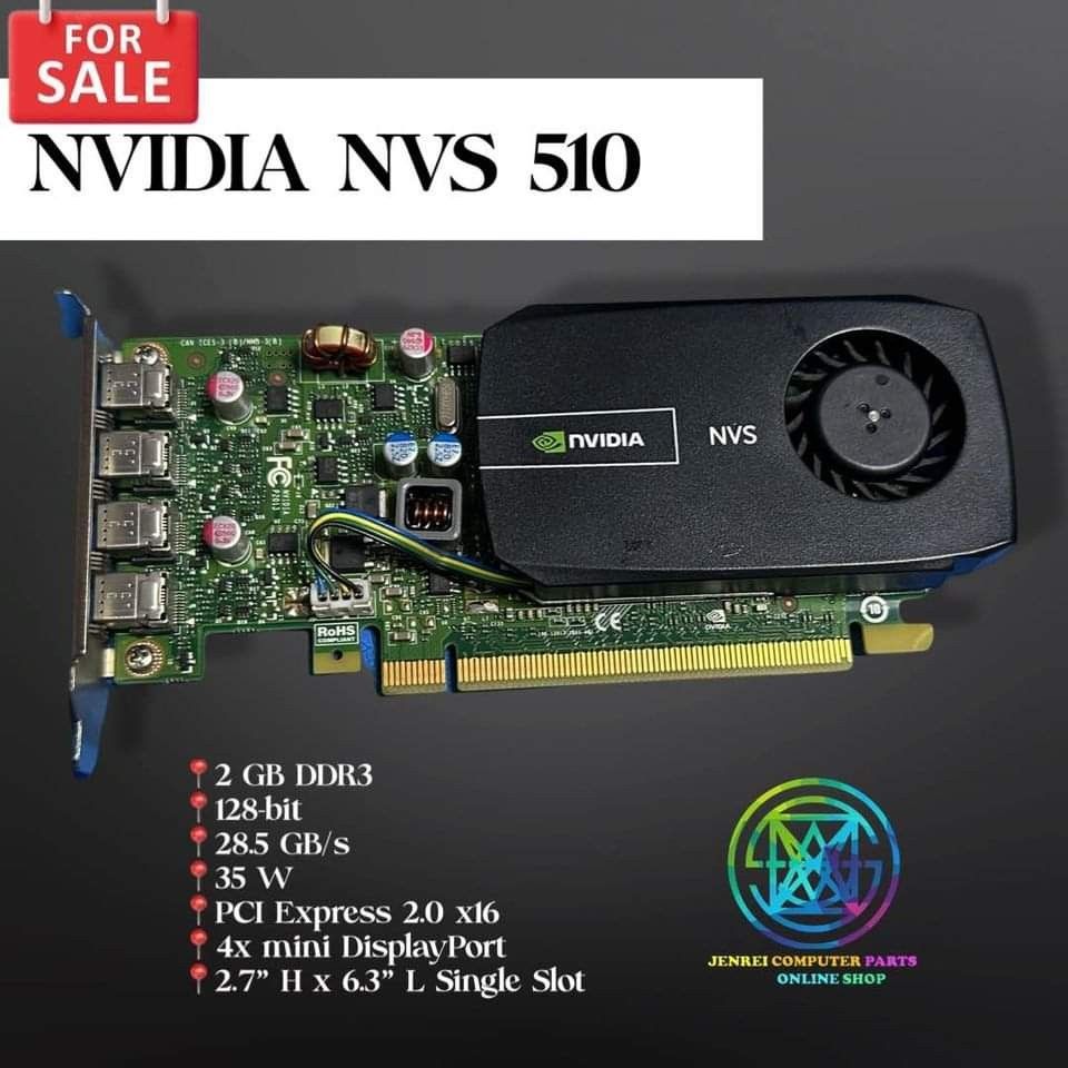 NVIDIA NVS 510 2GB DDR3 128BIT VIDEOCARD (Category: Computer Parts) located in Manila. Submitted by reginejamito (Listing ID 1213577898, Image 1). Description: FOR SALE‼️ NVIDIA Quadro NVS 510 2GB DDR3 128bit 4-Mini DisplayPort [Mini-Display Port 1.4 *4] -Compatible for your Small Form Factor PC -Low Profile -Comes with 1pc Adapter Mini-Display Port to Display port 📣 Price: php1000 each only Product Specifications NVIDIA® CUDA® Parallel-Processi