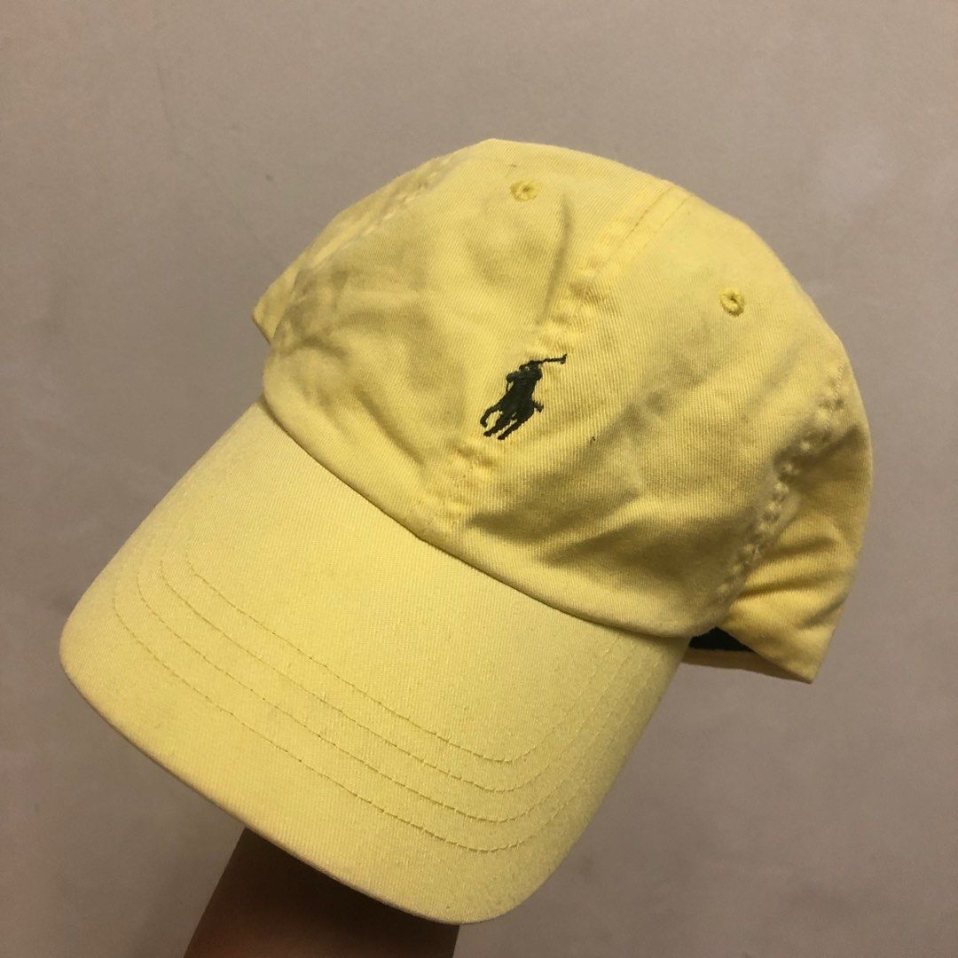 Yellow polo hat with leather strap on sale