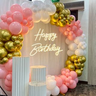 Round Arch + Full Round Balloon Garland (Rental and set up included) - Birthday - Baby Shower - Anniversary - 100 Days - One Month - Standard, Pearly, Chrome, Retro Balloons - Happy Birthday LED
