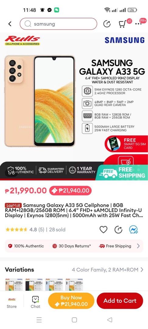 SAMSUNG A33 5G 128gb 8ram (Category: Samsung) located in Angeles City. Submitted by truehawk_95a40c (Listing ID 1213583185, Image 3). Description: BRANDNEW SEALED 15k nalang SRP:21,990 PM me pwede meet up and COD.