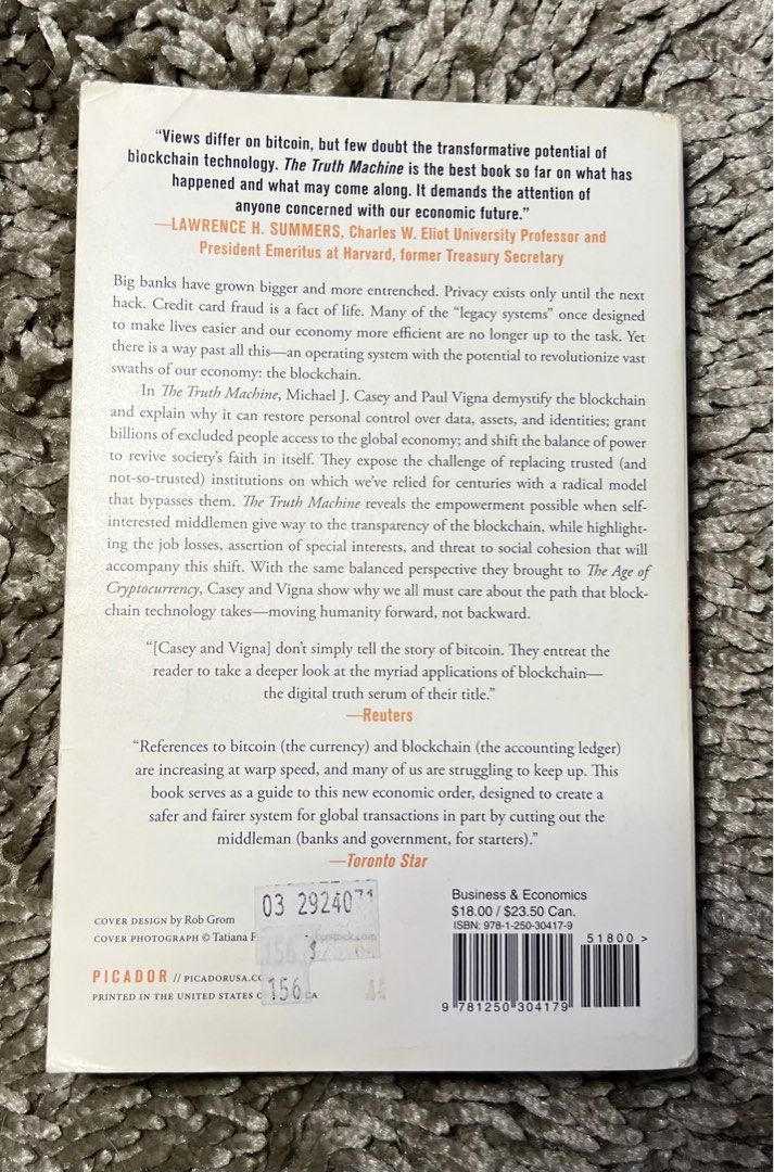 The Truth Machine by Michael J. Casey and Paul Vigna, Hobbies & Toys