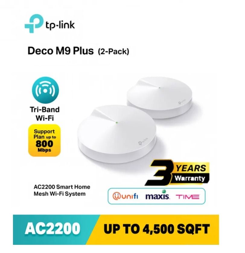 TP-Link Deco M9 Plus Whole Home Tri-Band Mesh Wi-Fi Router System up to  2,200 Mbps Speeds (2-Pack) 