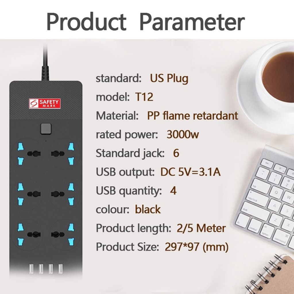 Universal Power Socket Extension With USB Ports Power Strip Surge