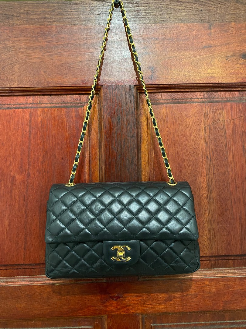 CHANEL Vintage XL Studded CC Monogram Logo Black Lambskin Leather Shoulder  Bag