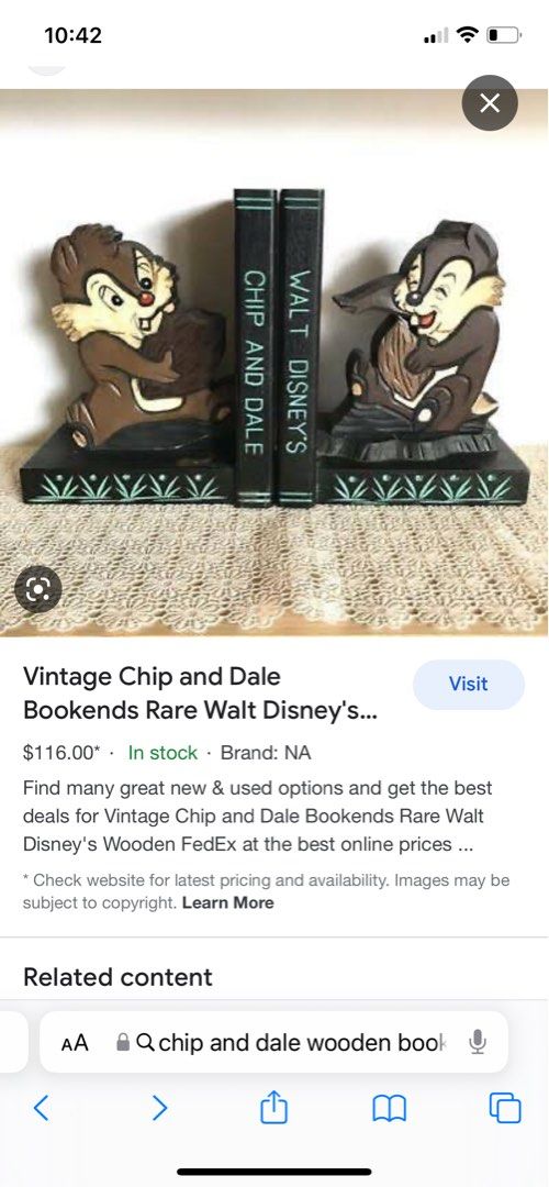 Vintage Disney Bookend chip and dale less Chip. Rare Disney