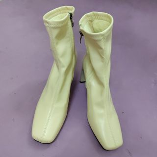 <全新>軟布皮革方頭筒靴(原價$790 米白/棕) #23初夏時尚