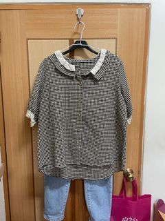 日製 蕾絲領格紋襯衫
