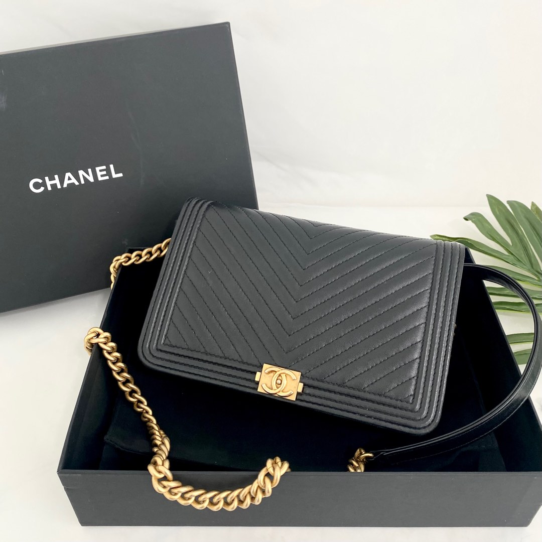% Authentic Chanel Lambskin Chevron Quilted Boy Wallet On Chain WOC in Black,  Luxury, Bags & Wallets on Carousell
