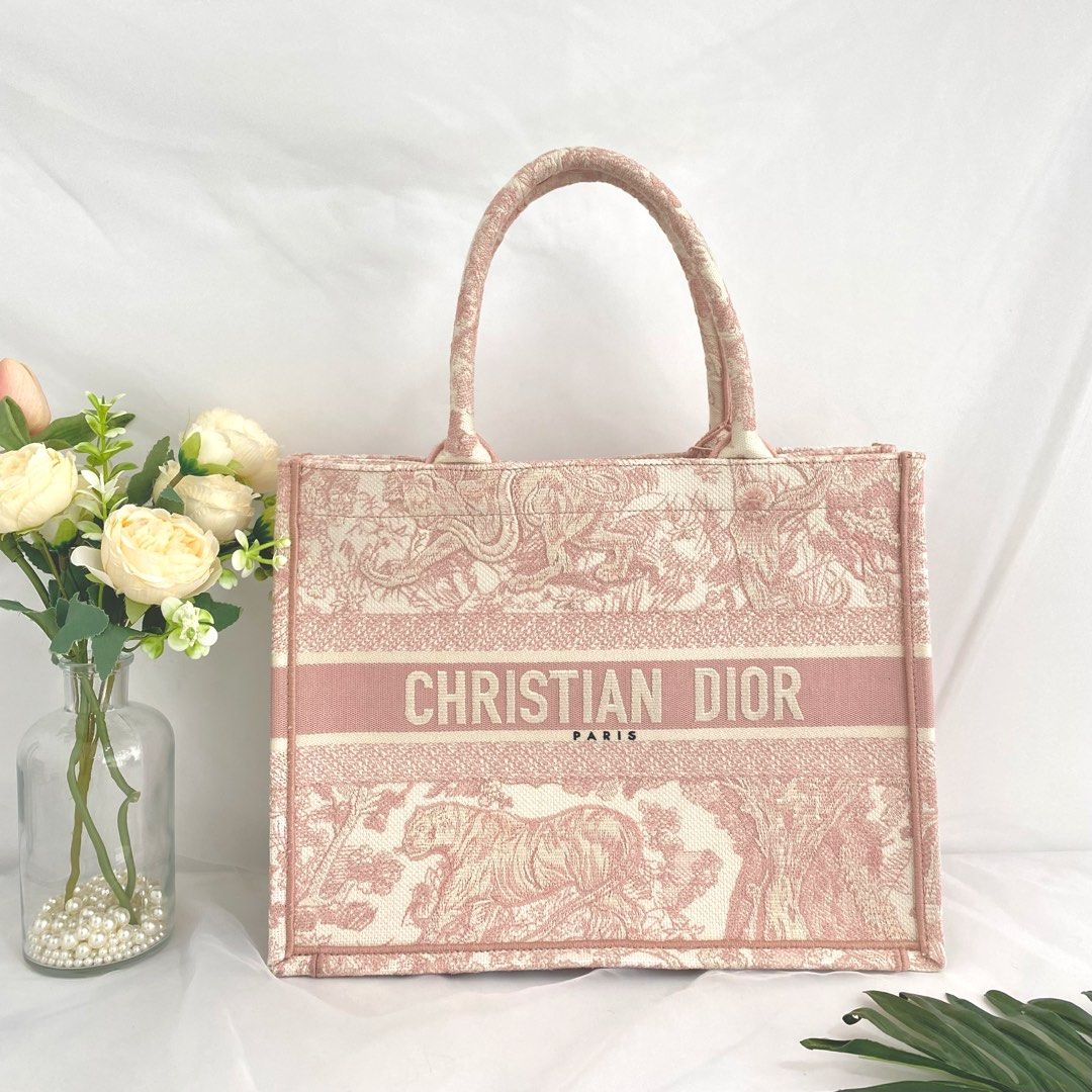 Medium Dior Book Tote Gray and Pink Toile de Jouy Reverse Mykonos  Embroidery 36 x 275 x 165 cm  DIOR