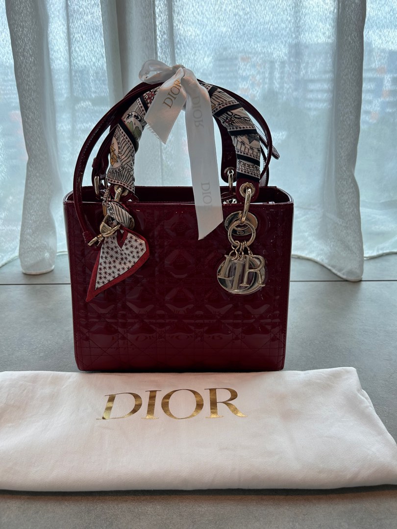 NEW in Lt ED BOX LADY DIOR Cherry Red Patent Cannage