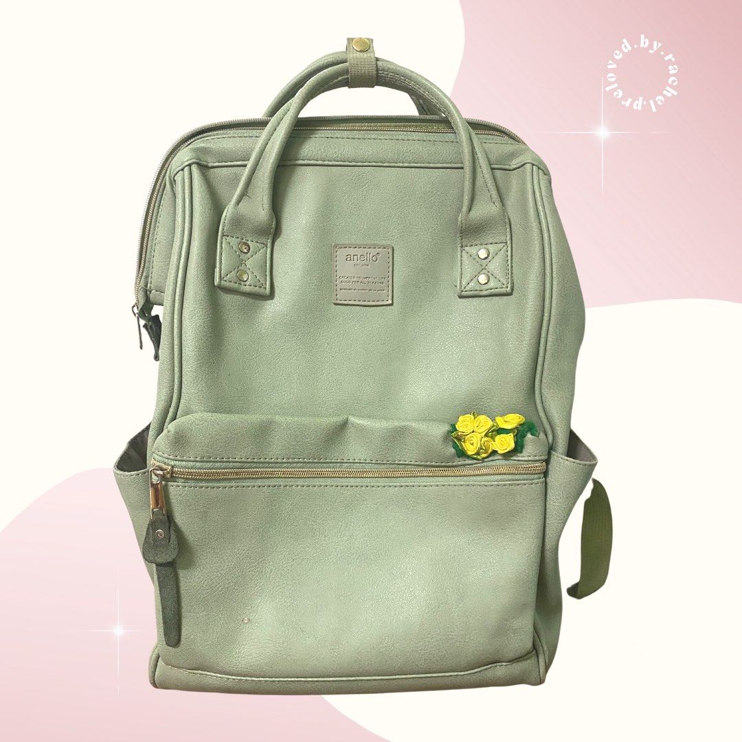 Authentic Anello Mint Green Leather Backpack Large, Women's Fashion