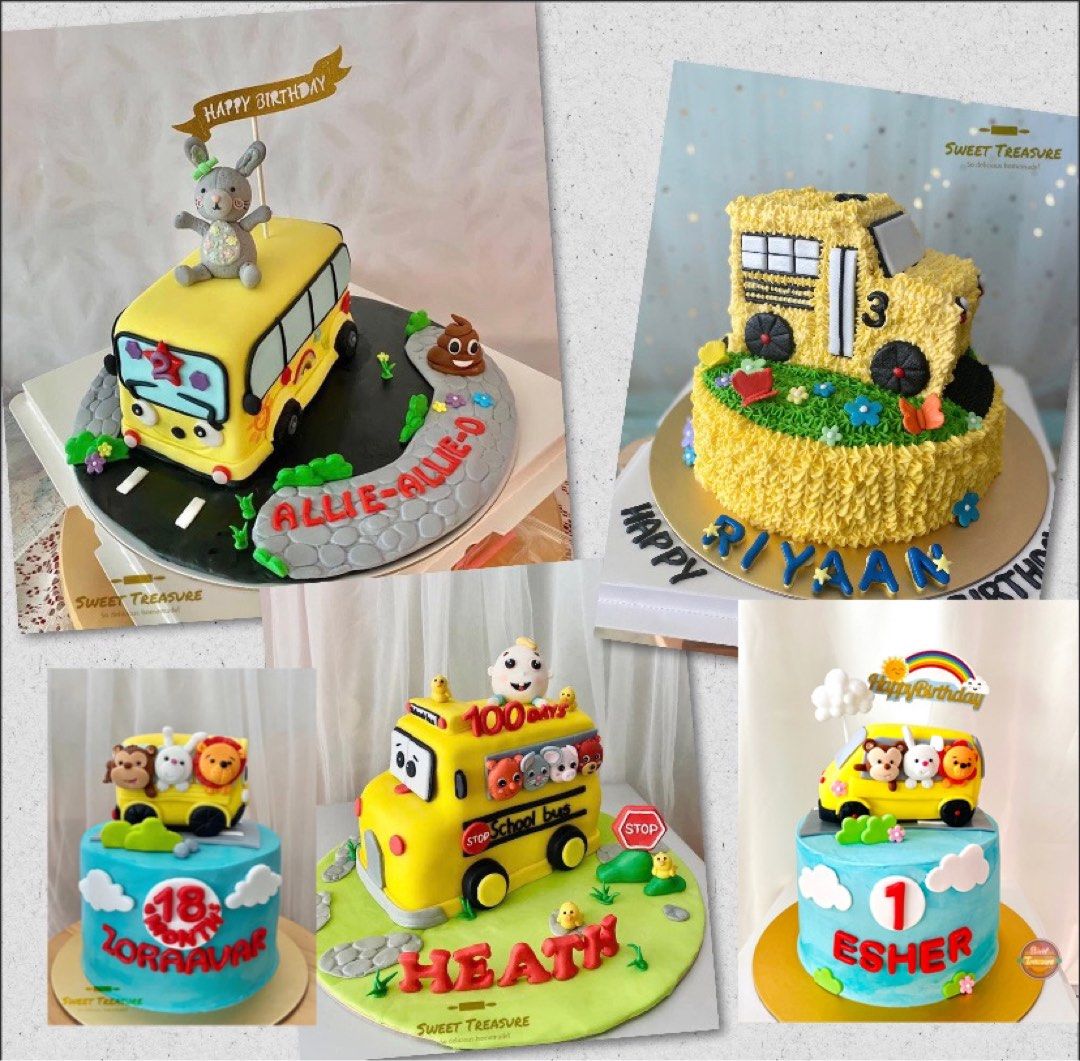 Cocomelon Wheels on the Bus shape cake for 1st birthday - - CakesDecor