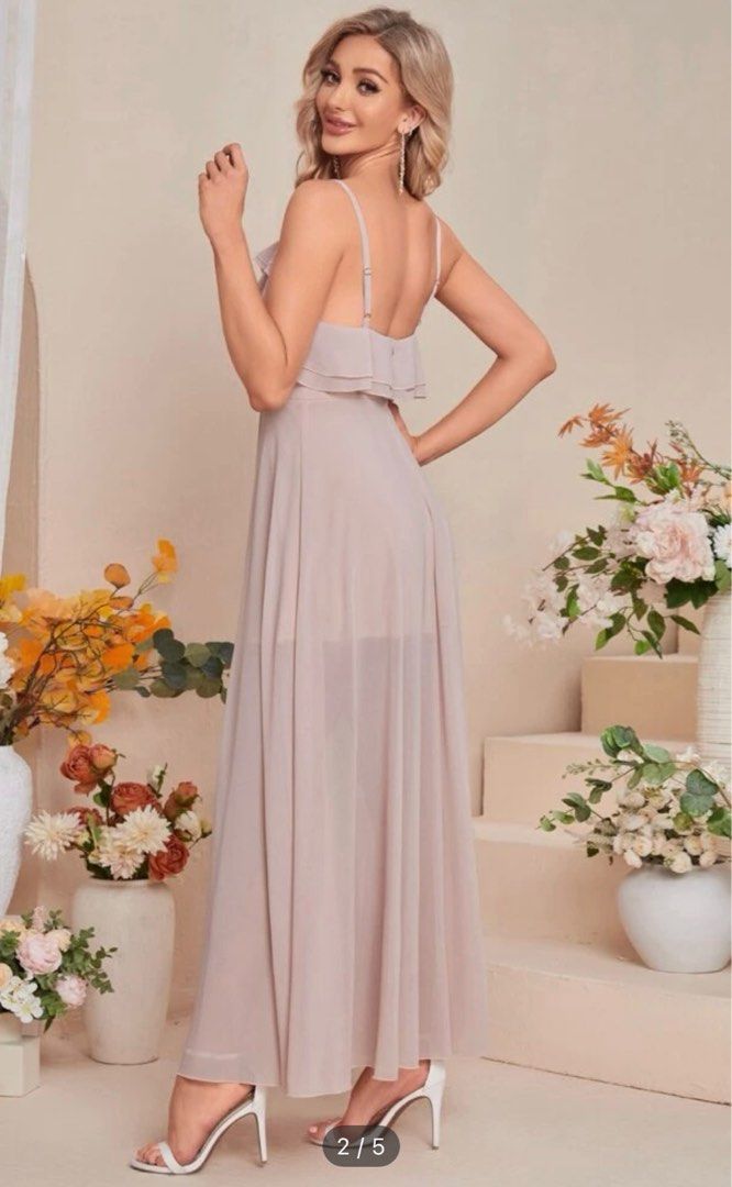 SHEIN Backless Ruffle Trim Chiffon Dress (Category: Evening dresses & gowns) located in Makati City. Submitted by chideclutters (Listing ID 1213965419, Image 2). Description: • worn once at a wedding • will send when worn upon request FR: Waist fits 28-30, Length is good for 5’5 .