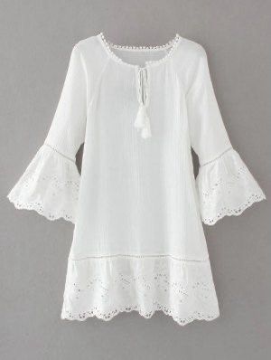 BANGKOK Classic white bell crochet long sleeve keyhole tie front sheer semi-linen tunic top blouse beach cover-up dress