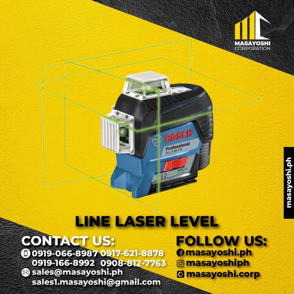 Bosch GLL 3-80 CG Line Laser Level, Bosch Tools (Category: Construction Tools & Equipment) located in Caloocan City. Submitted by Jobie_Reyes (Listing ID 1213828499, Image 1). Description: Specification Laser diode 500 – 540 nm, < 10 mW Operating temperature -10 – 40 °C Storage temperature -20 – 70 °C Laser class 2 Working range 30 m Working range with receiver 120 m (Diameter) Working range without receiver 30 m (Radius) Accuracy ± 0.2 mm/m Self