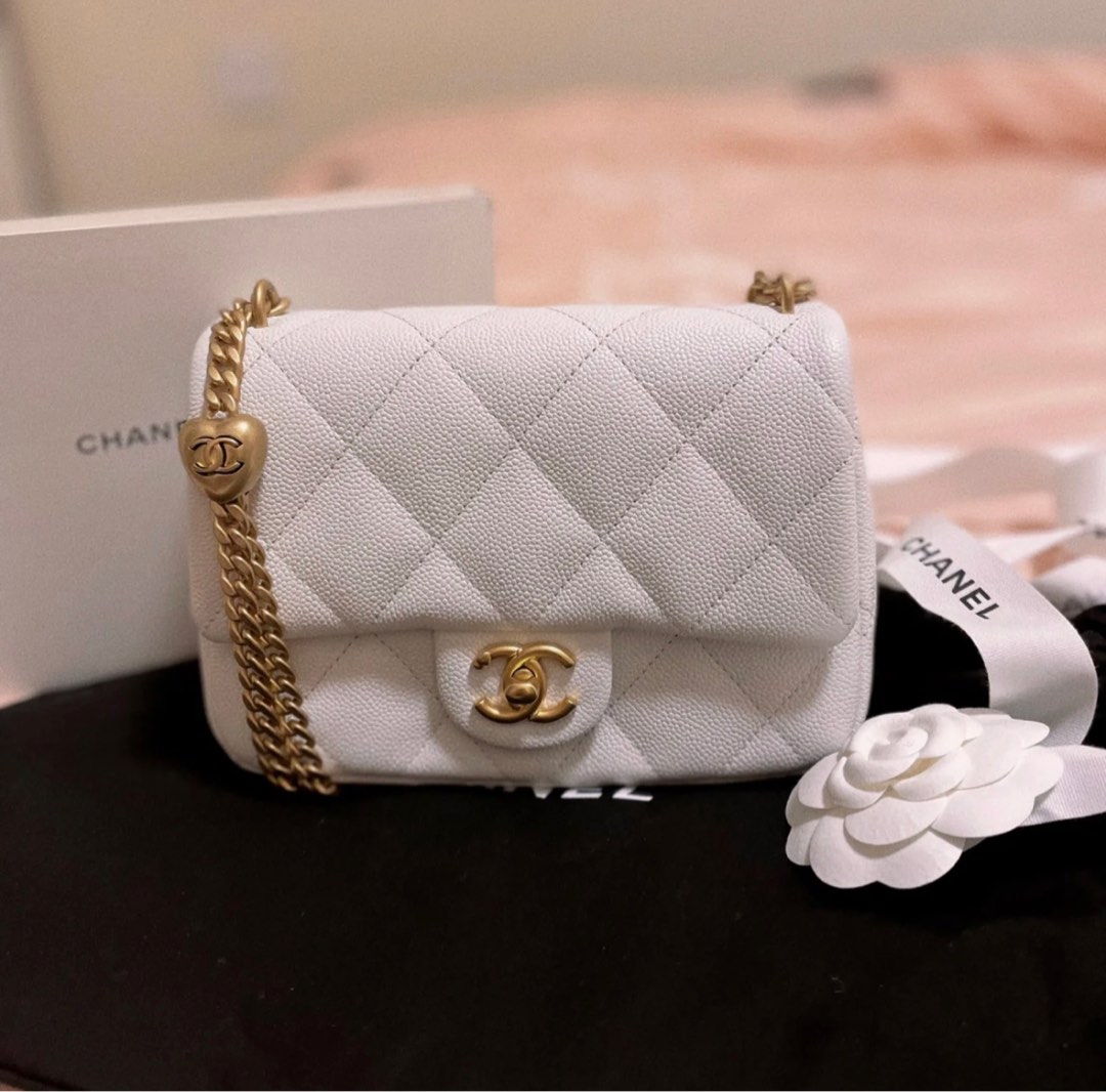 Chanel 23P Mini Flap White Heart Pearl Crush, Luxury, Bags