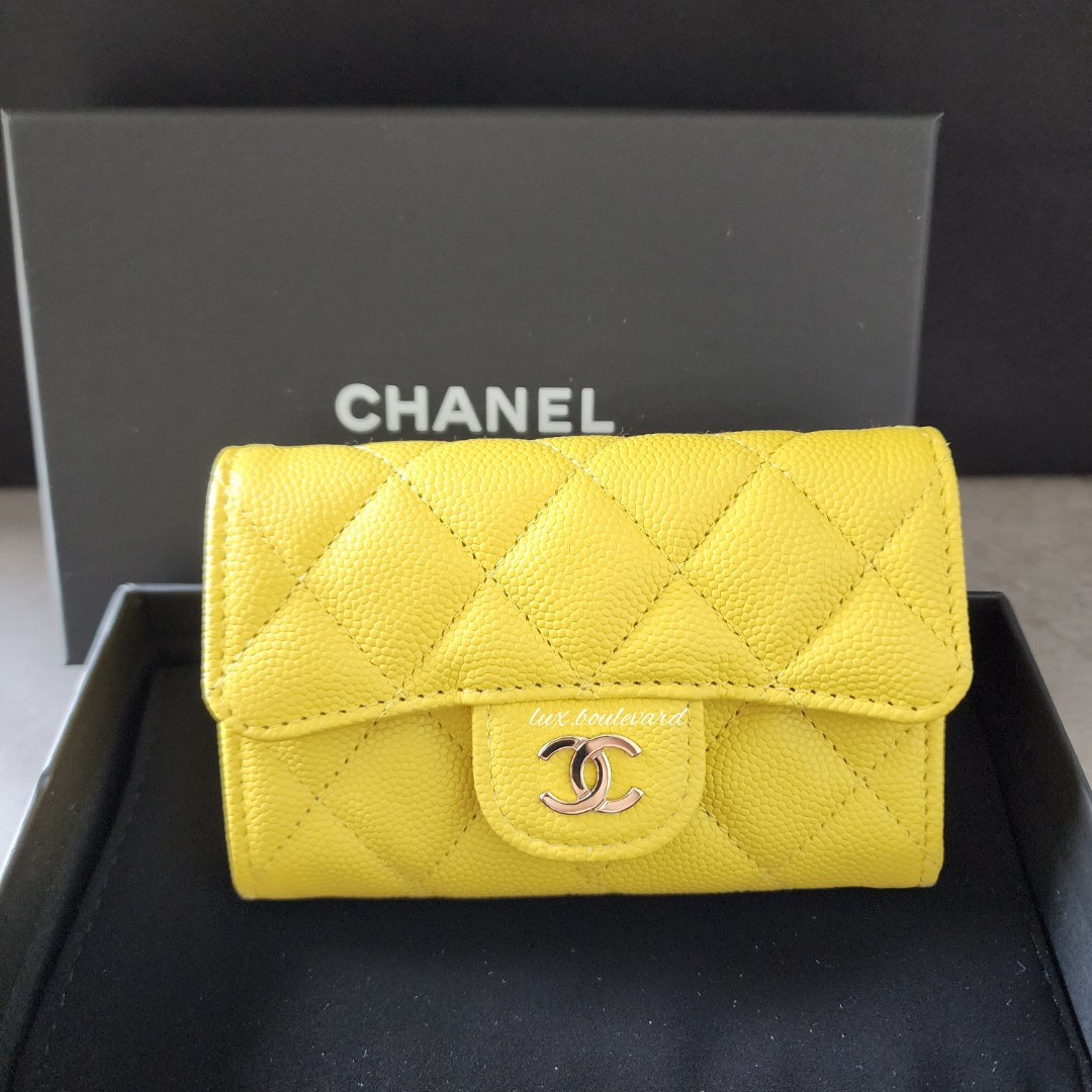 CHANEL Caviar Quilted Flap Card Holder Wallet Light Yellow 1287772
