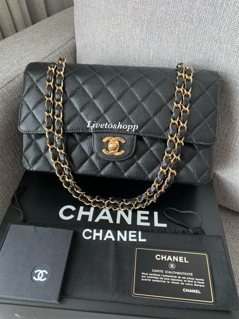 FULL SET Chanel vintage caviar medium flap bag 24k gold plated