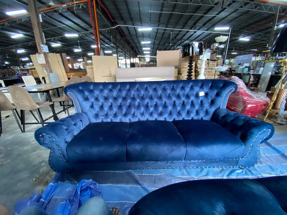 (F20034816) Blue Velvet Chesterfield 3 Seater High Back Sofa