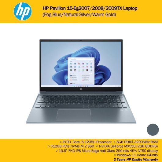 HP Pavilion 15-eg2007TX / 2008TX /2009TX Laptop, i5-1235U, 8GB RAM 512GB  SSD, 15.6 FHD, MX550, W11
