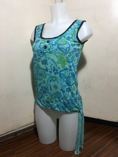 Mint floral bohemian blue green sleeveless top with tassel on one side
