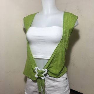 Mint lime green summer / beach sleeveless outer top / cover up / vest with white polka dots and embellished butterfly accent