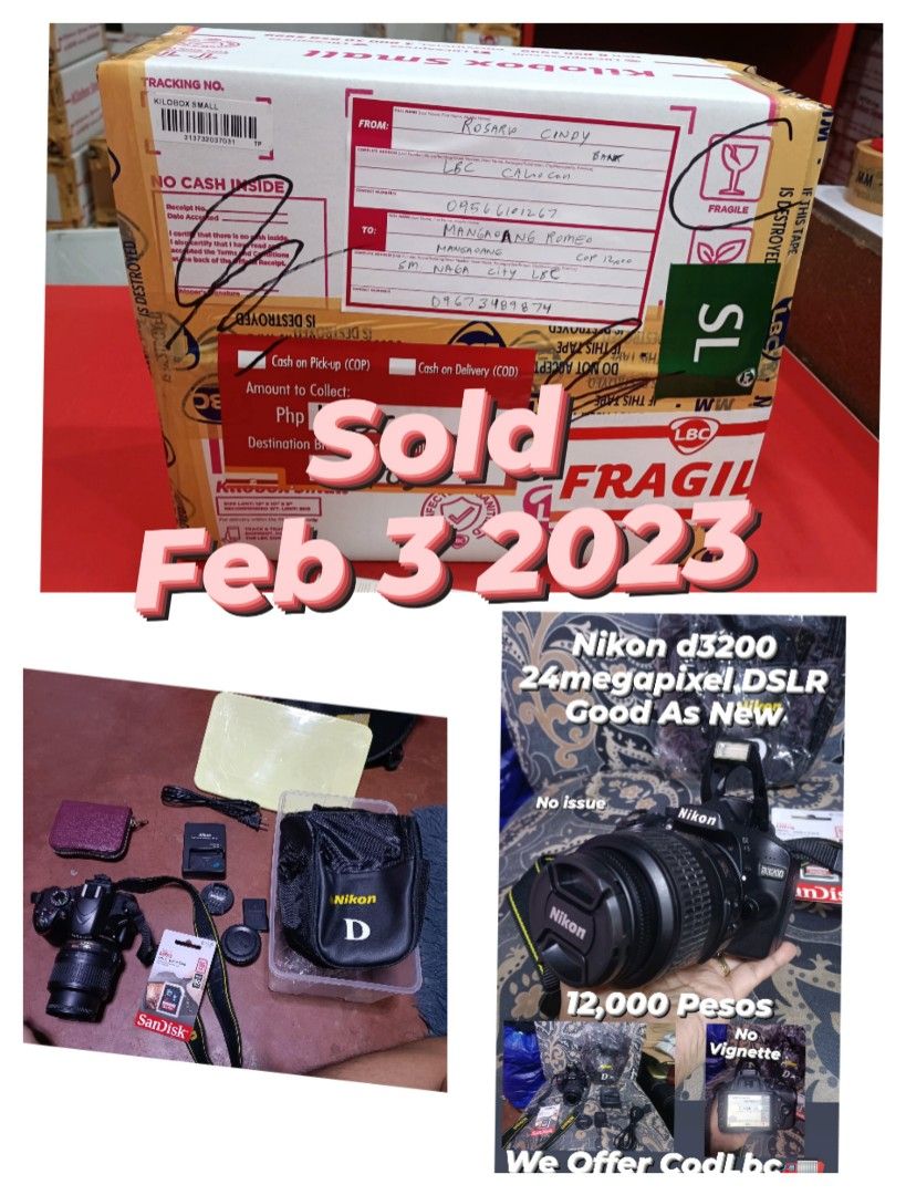 Nikon d3200 DSLR set (Category: Cameras) located in Caloocan City. Submitted by mr.carlo_dslr_laptop (Listing ID 1212657319, Image 1). Description: Nikon d3200 with 18-55mm Kitlens 24megapixel DSLR Good Condition For 12,000 Cash For 12,000 Cash For 12,000 Cash With Charger With Battery With Strap nikon With Lens Cap with Camera bag free Sd card Good condition No Errors And Defect With Autofocus and FLASH Presentable Unit.. Cash on Delivery LBC de