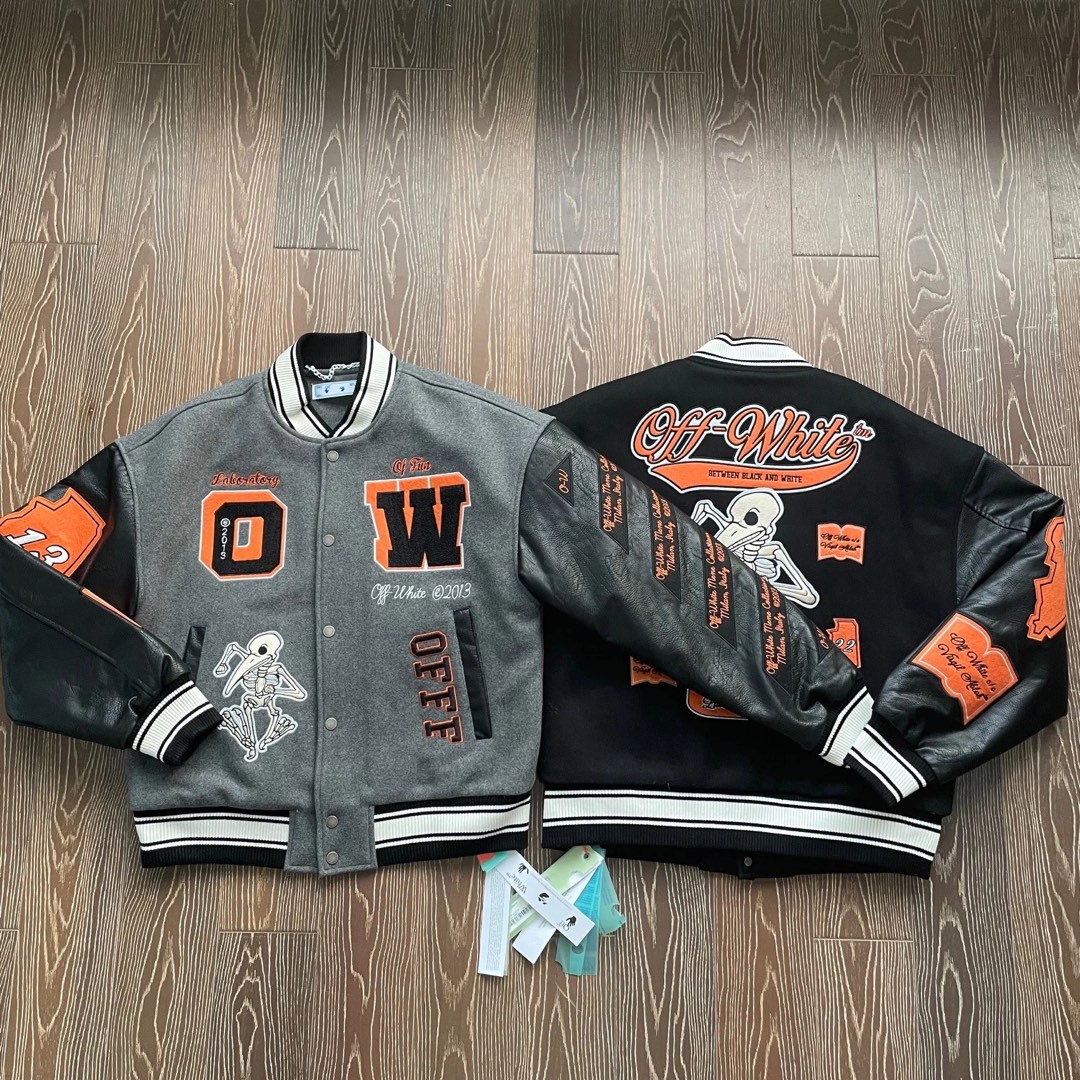 OFF-WHITE Leather Varsity Jacket in Grey & Multi