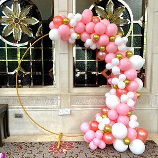 Round Arch + 3/4 Balloon Garland (Rental and set up included) - Birthday - Baby Shower - Anniversary - 100 Days - One Month - Standard, Pearly, Chrome, Retro Balloons - Baby Pink White Set Up
