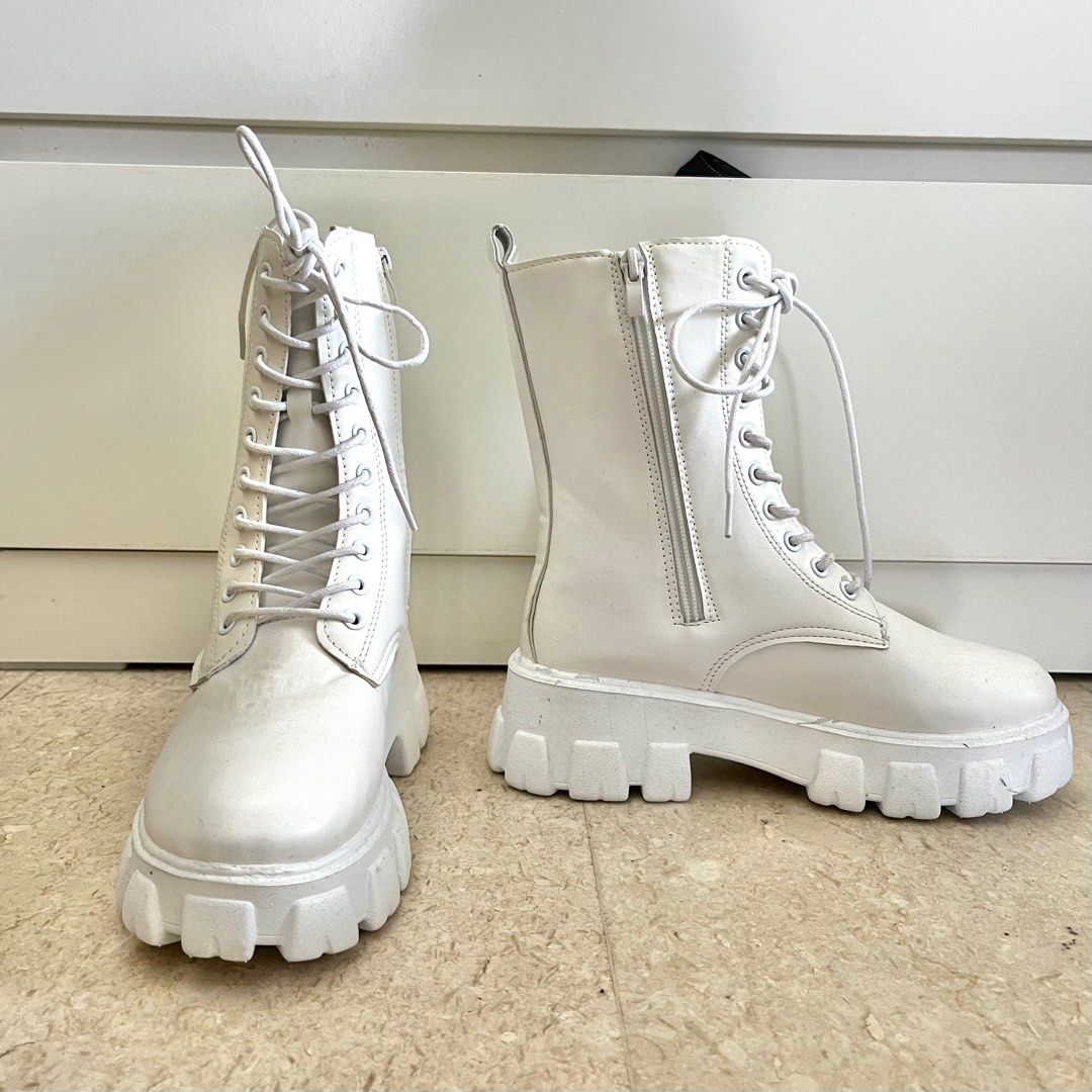 White Combat Boots Women s Fashion Footwear Boots on Carousell