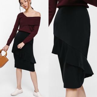 (XS) BNWT Love Bonito LB Annara Asymmetrical Ruffle Pencil Skirt in Black