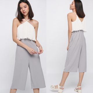 (XS) LB Love Bonito Jociera Pleated Layer Midi Jumpsuit in Grey X White